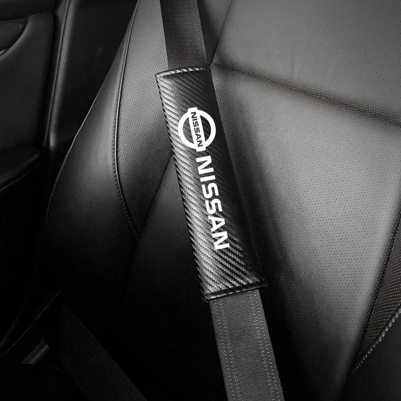Car Seat Belt Covers 2pcs Carbon Fiber Leather Safety Belt Shoulder Cover For Nissan X-trail Qashqai Note Juke Sentra Patrol Navara Leaf