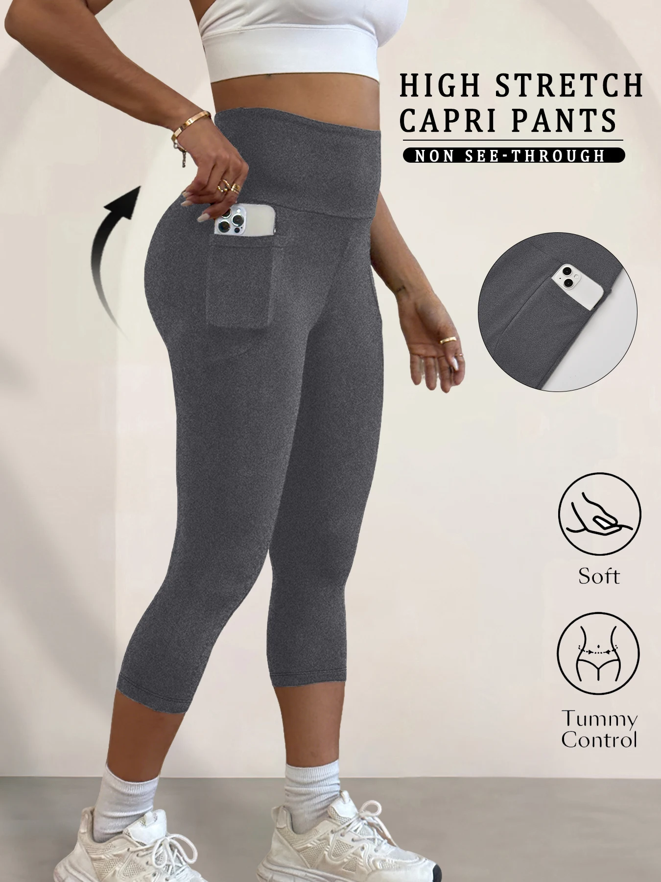 Super Soft Pants for Women High Waisted Capri with Pockets Tummy Control No See Through Running