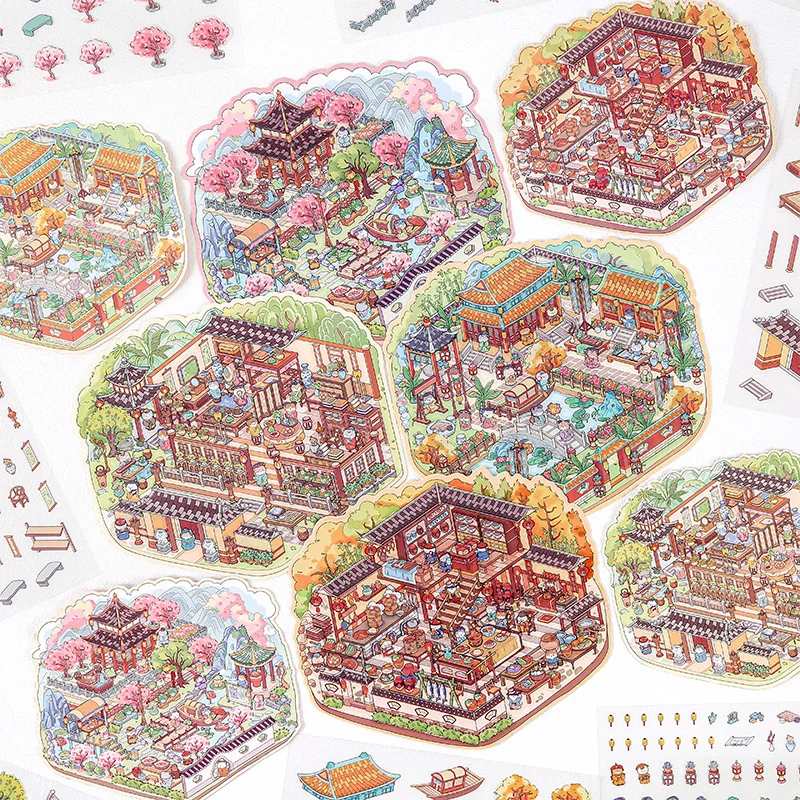 Kawaii 고대 건축3D 캐빈 장면 스티커 풍경 스티커 DIY 포켓 캐빈 장면 축제 휴일 선물