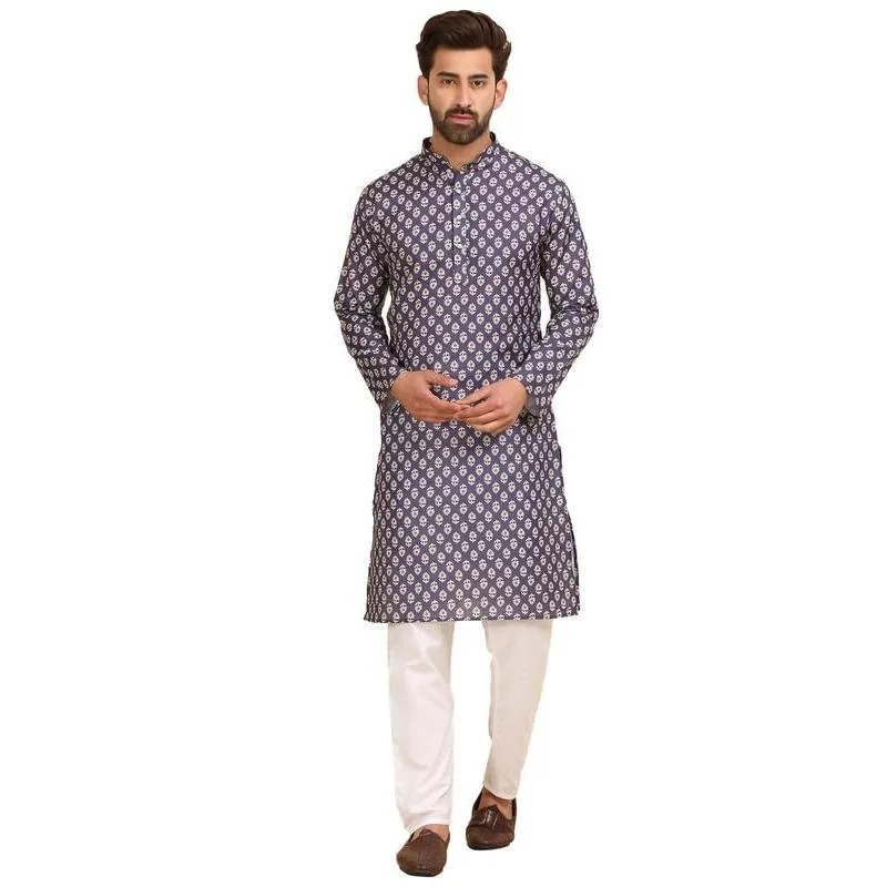 Stehkragen Muslimisches Hemd Herrenkleidung Folk Kaftan Musulman Kurta Indische islamische Kleidung Nationaler bedruckter nationaler Stil – Detail 4