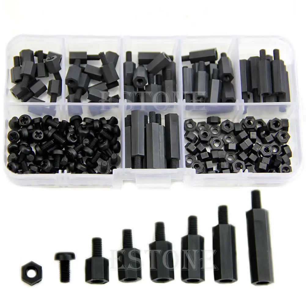 180pcs M3 Nylon Black Hex M-F Spacers/ Screws/ Nuts Assorted Kit, Standoff