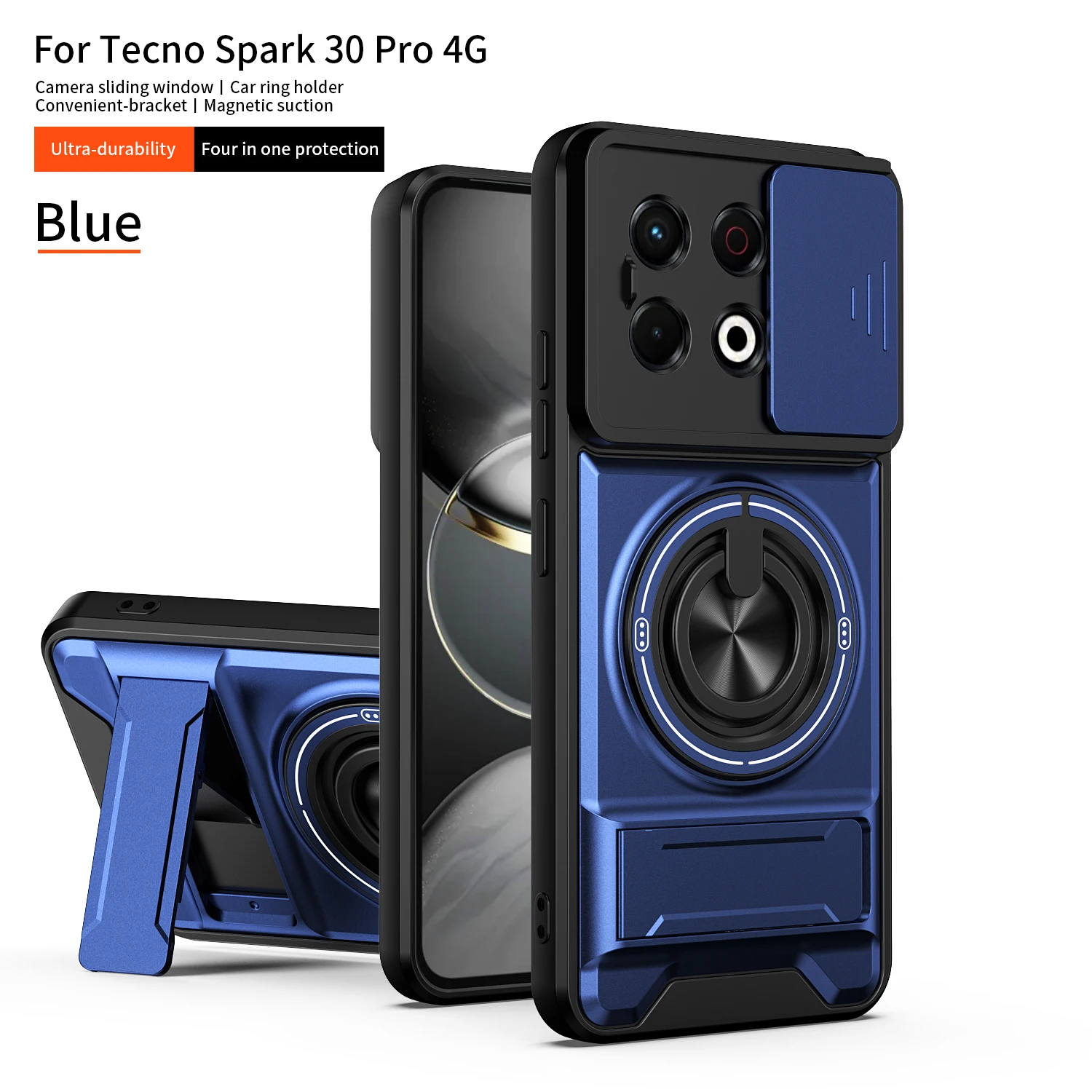 Armor Shockproof Phone Case with Sliding Camera Cap and Built-in Magnet Ring Kickstand, Protective