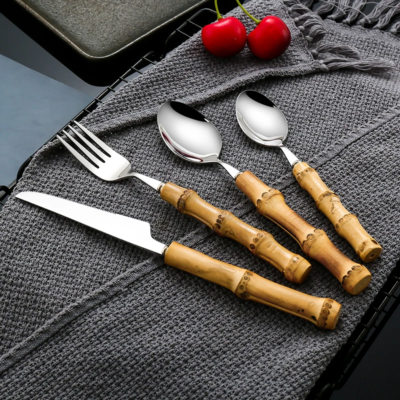 32Pcs Tableware Set Stainless Steel Purely Natural Bamboo Handle Flatware Set Dinnerware Steak Knife Cutlery Bamboo Cutlery Set