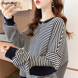 M-4XL Striped Sweatshirts Women Simple Autumn Baggy All-match Korean Style Young Leisure Daily Female Long Sleeve Clothing Retro
