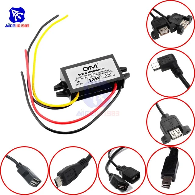 12V to 5V USB Converter DC Buck Module 12V 36V 48V Convert to 5V Dual USB  Female 10-55V to 5V 3A 15W Adapter DC to DC Regulator Car Power Converter