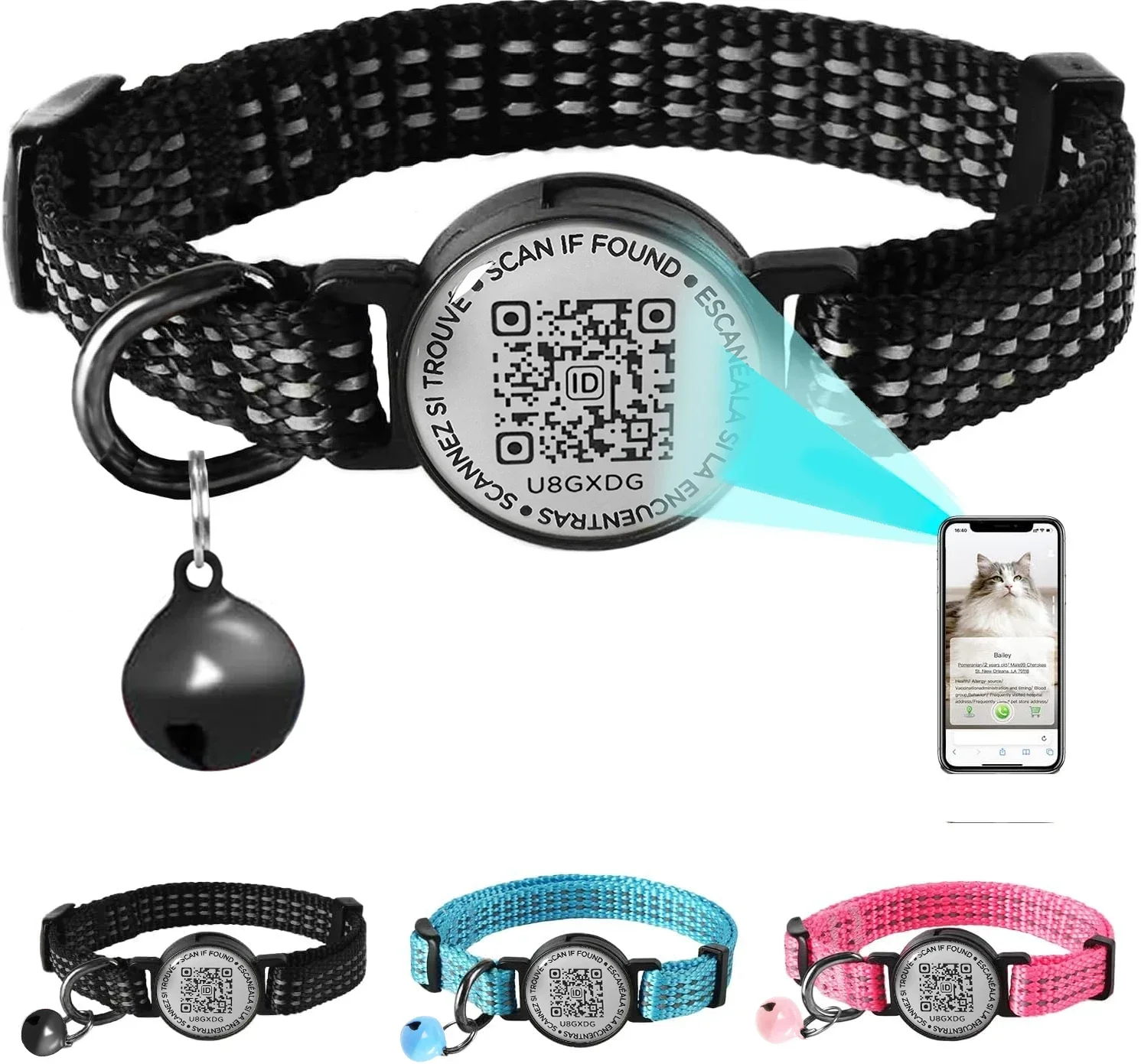 Reflektierendes Katzenhalsband Mit QR-Code – Elastisch, Sicherheits-Schnalle, Verstellbar 20,3-33 Cm, 2 Stück (schwarz)