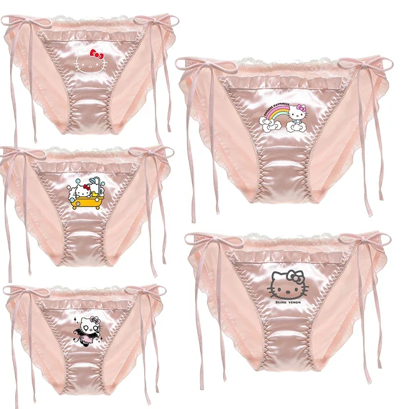 Привлекательные атласные кружевные штаны Hellokitty, нижнее белье для девушек, Симпатичные трусики Kuromi Melody Flower Lolita, нижнее белье для девочек, кружевные Игрушки для девочек