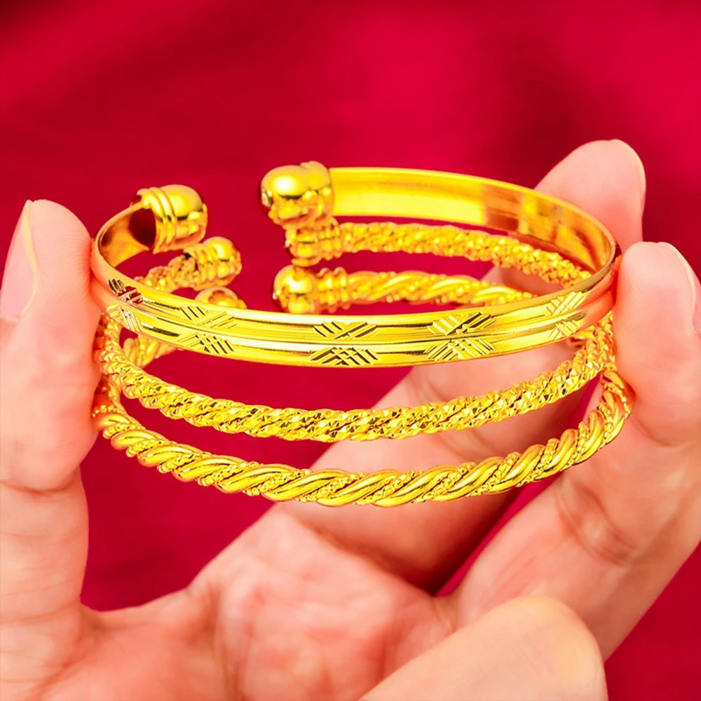 Brazalete para mujer de estilo simple, pulsera trenzada tallada en oro amarillo, brazaletes abiertos_voghion.com