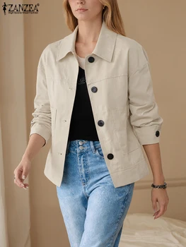 ZANZEA Women 2025 Autumn Lightweight Jackets Casual Turn-Down Collar Button Up Coats Commuting Fashion Solid Color Outerwear 1
