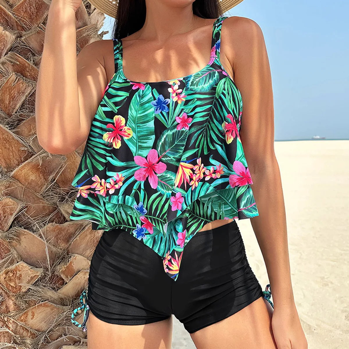 

Ruffle Tankini Sets Shorts 2024 High Waist Swimsuit Women Swimwear Female Bathers Tropical Print Bathing Suit Pool Beachwear