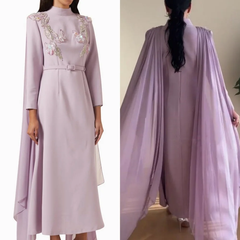

Ball Dress Saudi Arabia Evening Jersey Beading Draped Sashes A-line High Collar Bespoke Occasion Gown Long Sleeve Dresses