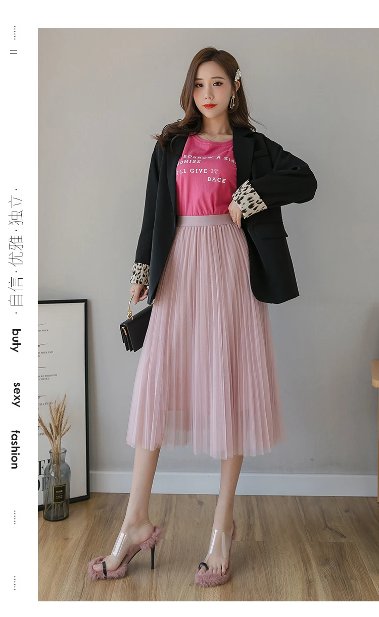 tennis skirt Women Pleated Mesh Mid Length Skirt Summer Elastic High Waist Fashion Solid Korean Casual Party A-Line Tulle Skirts Female 2022 white denim skirt