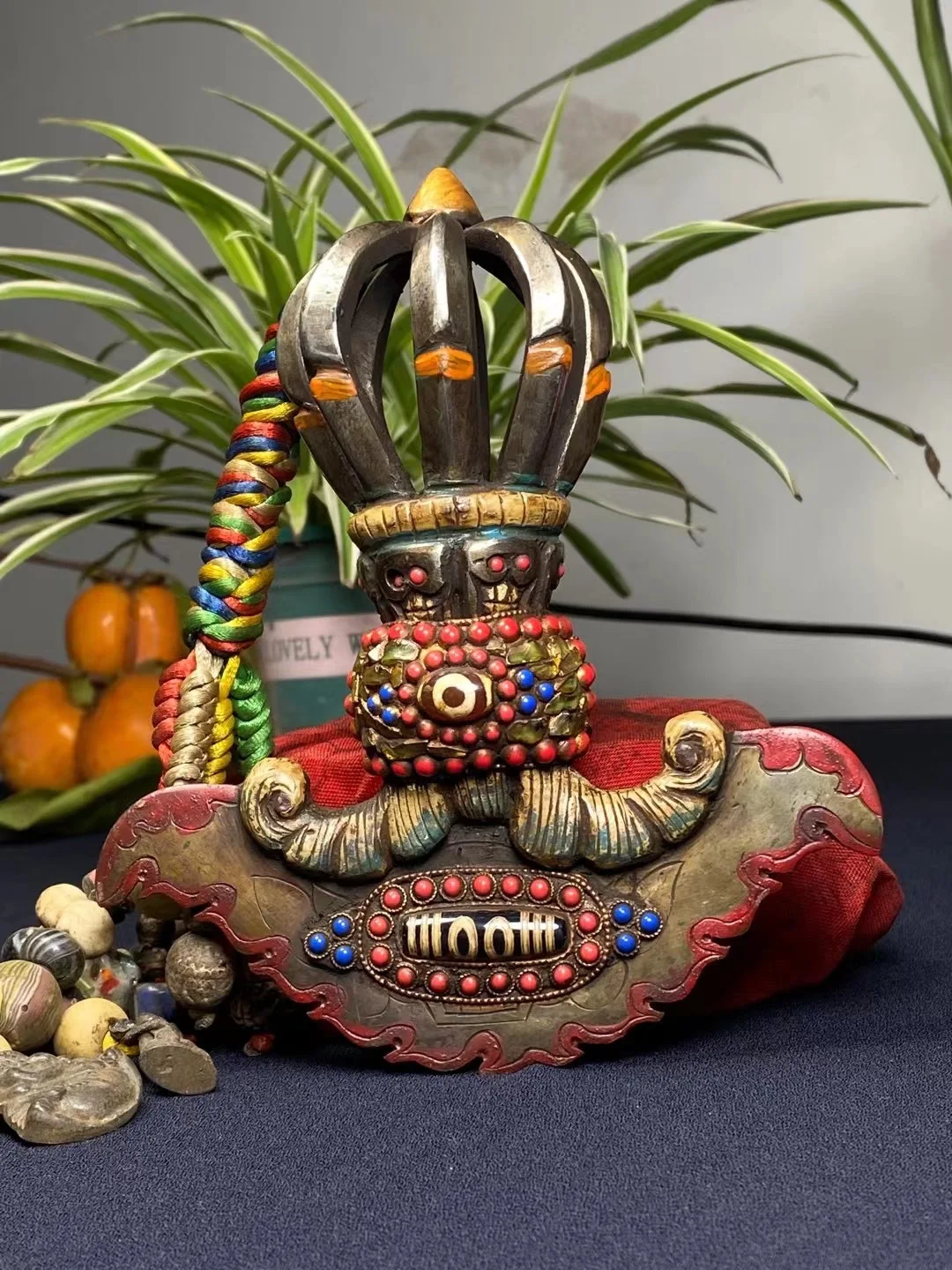 

7"Tibetan Temple Collection Old Tiantie Mosaic Gem Skull Head Animal Knife Shape Dorje Vajra Phurpa Pendant Amulet Dharma