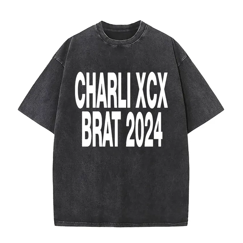 Charli Xcx Brat 2024 Tour Album Letter Print T Shirts Men Hip Hop High Quality Vintage Washed Fashion T-shirt Unisex Streetwear 4