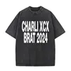 Charli Xcx Brat 2024 Tour Album Letter Print T Shirts Men Hip Hop High Quality Vintage Washed Fashion T-shirt Unisex Streetwear 4