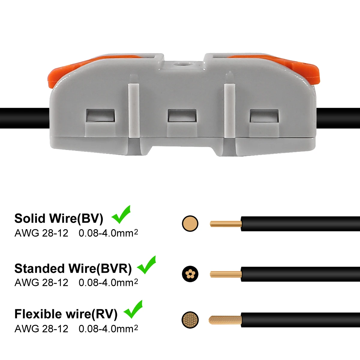 Wire Connectors 1 to 1 Inline Electrical Lever Wire Connectors Nuts Push-in Quick Conductor Compact Splicing Connectors 28-12 AWG wire connectors