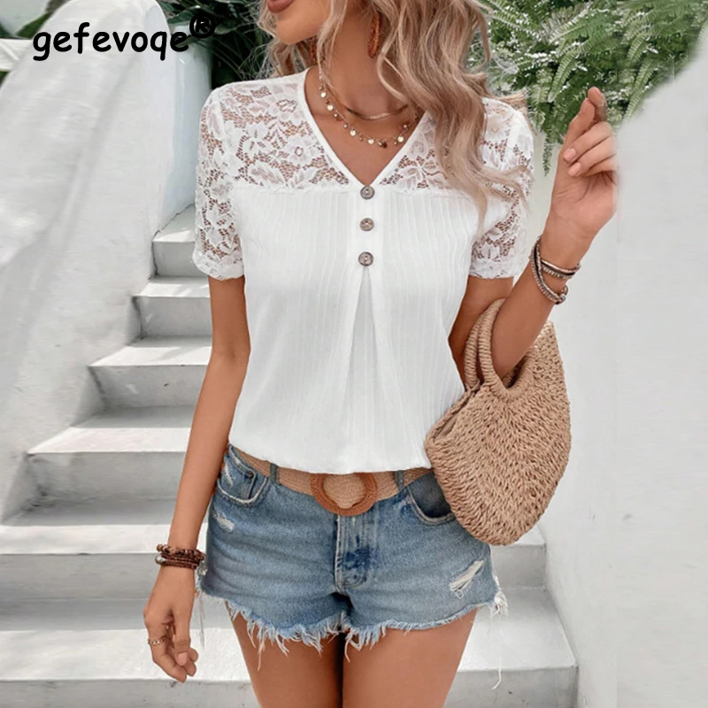

Women Clothes Sexy Hollow Lace Patchwork White Elegant Blouses Summer Fashion V Neck Short Sleeve Shirts Loose Tops Female Blusa