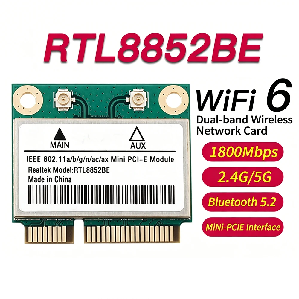 AX1800 Wifi6 네트워크 카드 RTL8852BE 미니 PCI-E 2.4G/5Ghz Wlan 무선 블루투스 5.2 듀얼 밴드 802.11AX