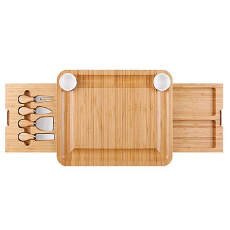 

HOT-Natural Bamboo Cheese Board and Knife Set with Cheese Tools Cheese Plate Cheese Board Chopping Board with Four Knives