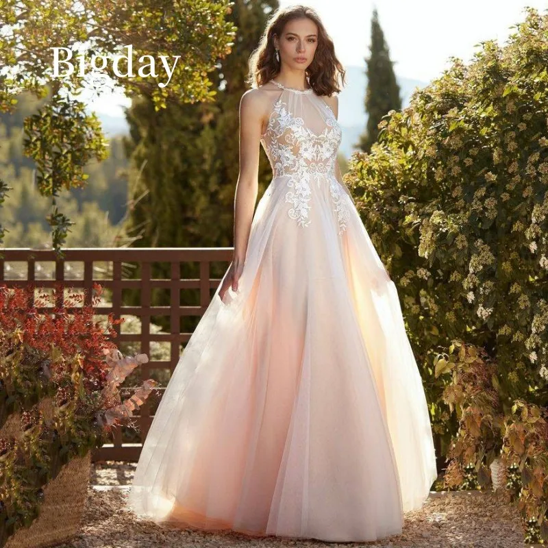 

Elegant A-Line Wedding Dress For Women 2024 White Halter Lace Open Back Tulle Applique Bridal Gown Sweep Train Vestidos De Novia