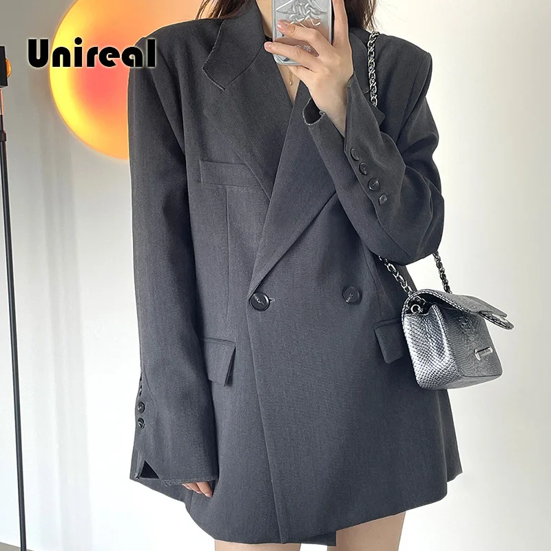 

Unireal 2022 Autumn Spring Streetwear Oversized Blazer Fashion Grey Pink Loose Casual Suit Jackets Outwear Coats