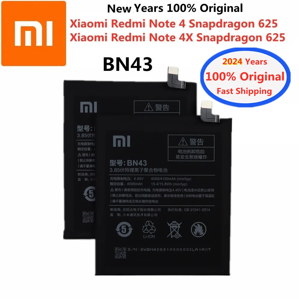 

2024 Years Original BN43 Battery For Xiaomi Redmi Note 4 X 4X Note4X Note4 Global Snapdragon 625 4000mAh Phone Battery In Stock