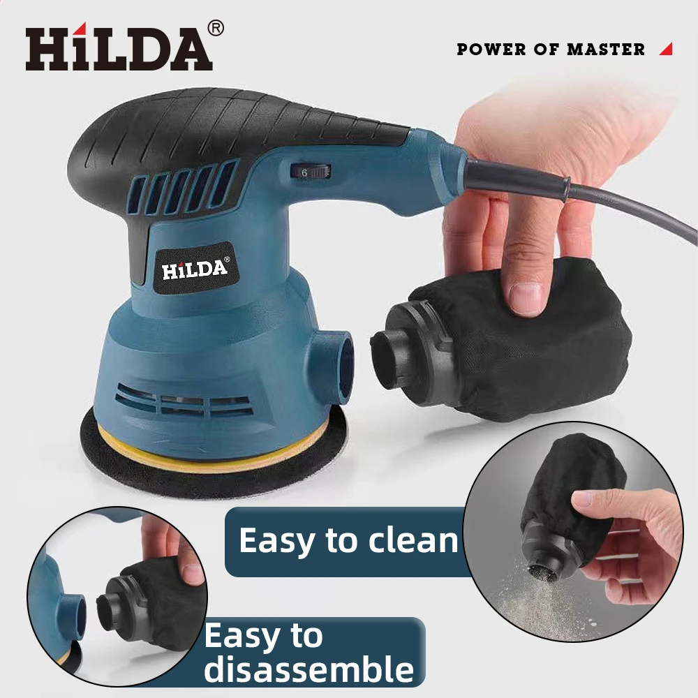 HILDA 300W Electric Eccentric Sander Car Polishing 13000RPM 6 Variable Speed Adjustment 5 Inch for Woodworking/Sanding