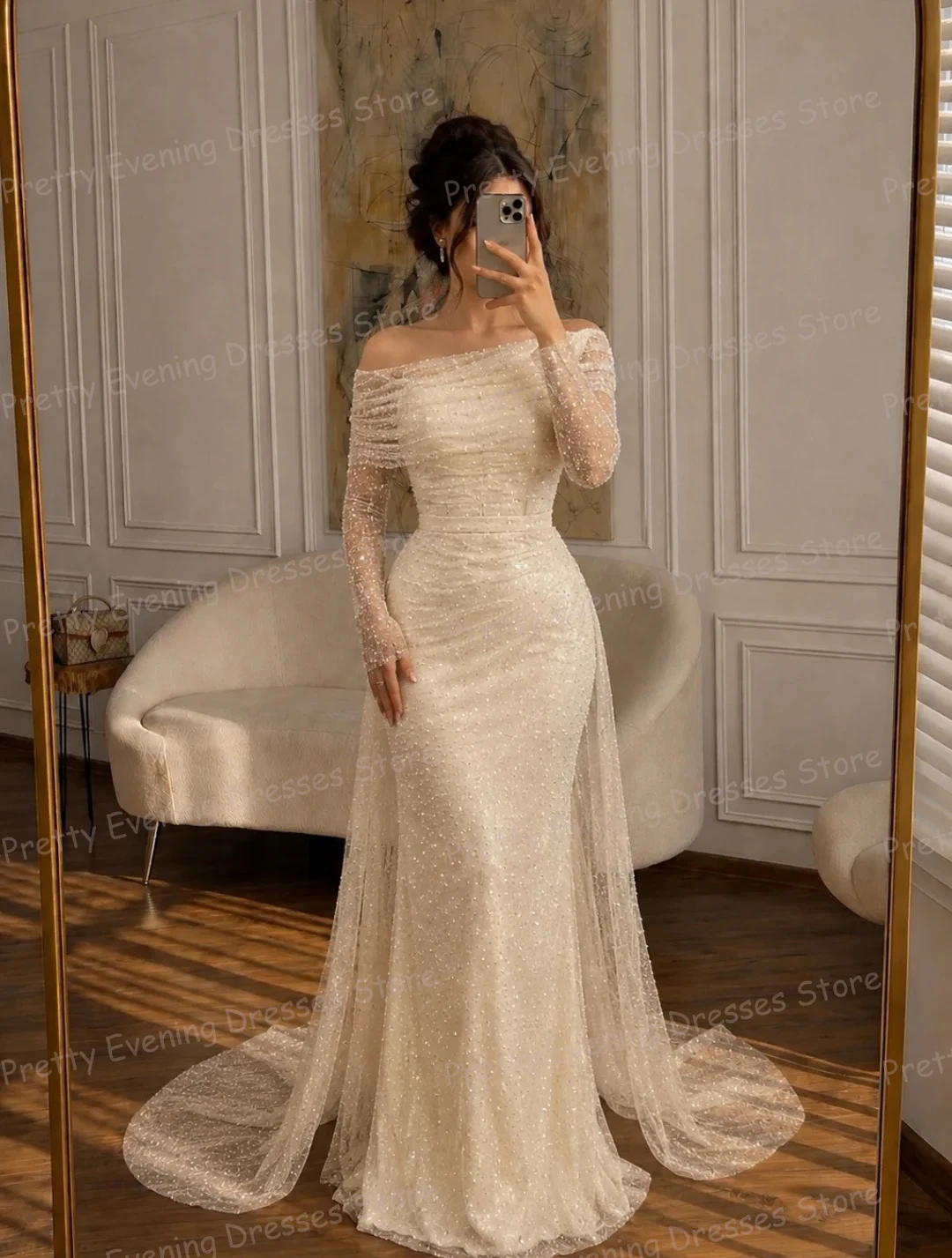 فساتين سهرة ساحرة وجذابة لامعة بتصميم حورية البحر للنساء، فساتين رسمية للحفلات بدون أكتاف مع كشكشة، فساتين زفاف مخصصة