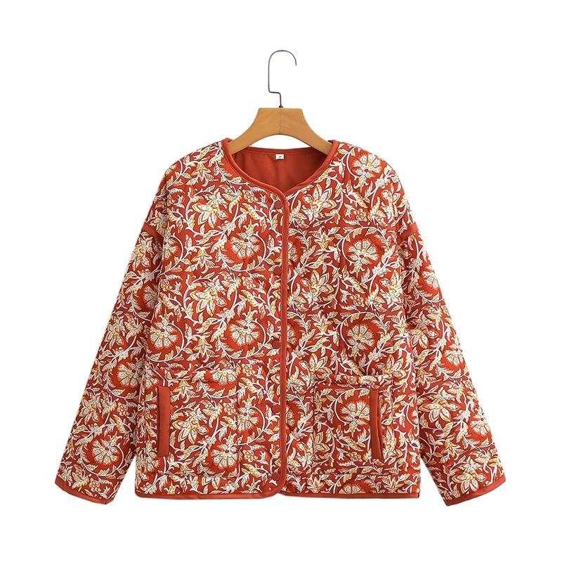 

YENKYE Autumn Winter Women Contrast Paisley Flower Print Quilted Jacket Coat Long Sleeve O Neck Female Vintage Loose Outerwear