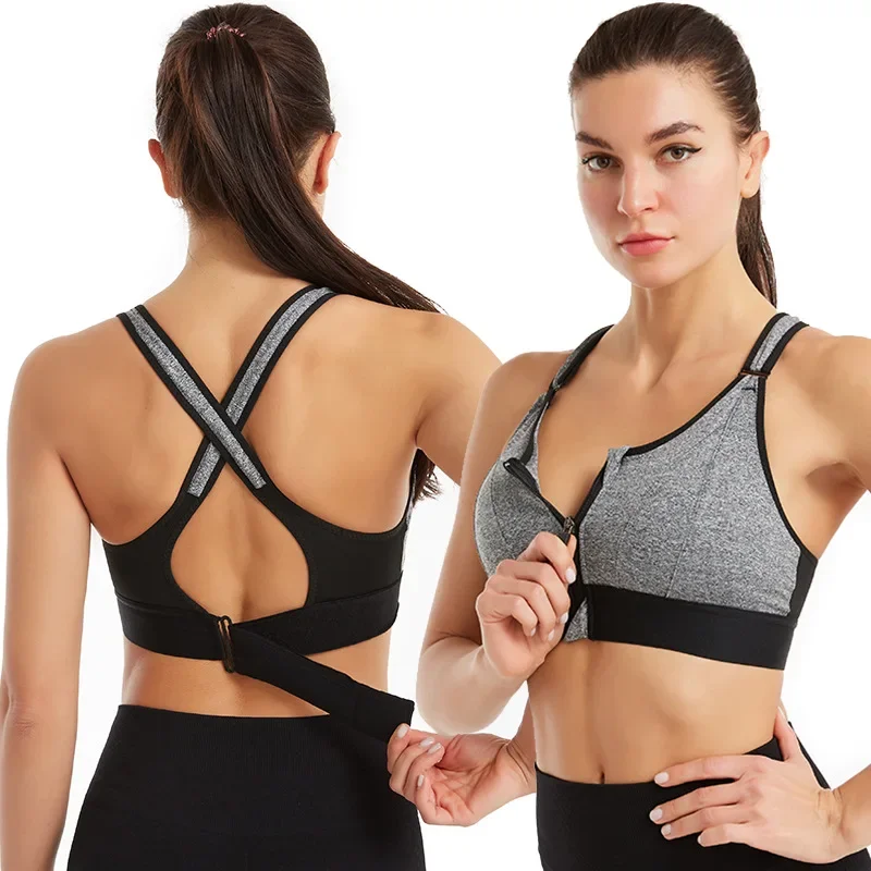 Front Zipper Adjustable Strap Shockproof Sports Bra for Women Elastic Fitness Athletic Slim Yoga Crop Top