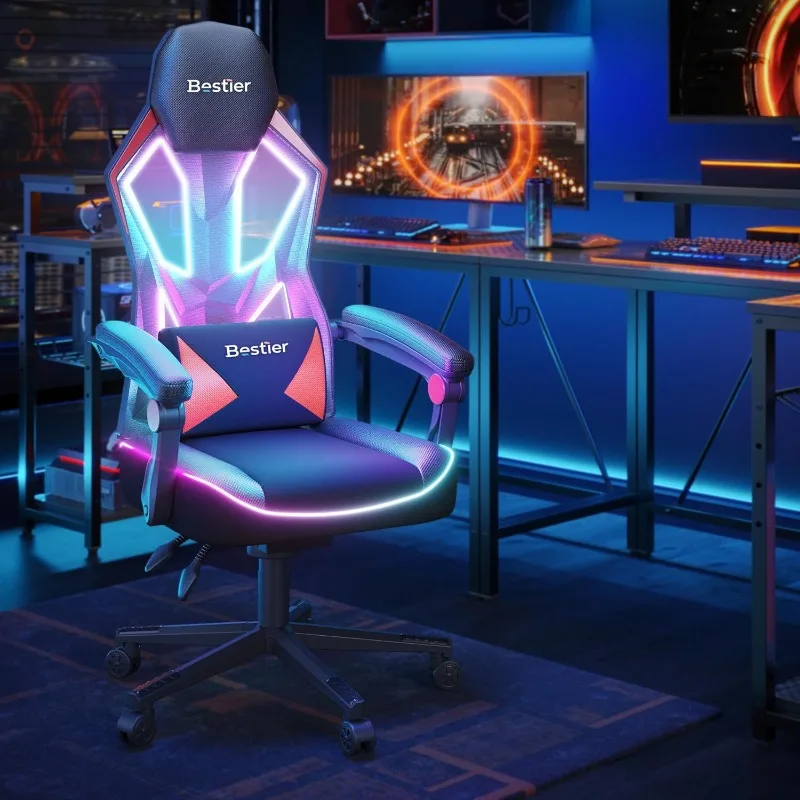 

Игровой стул с RGB лампочками, компьютерный стул из дышащей ткани с карманной пружинной подушкой и подлокотниками, игровые стулья