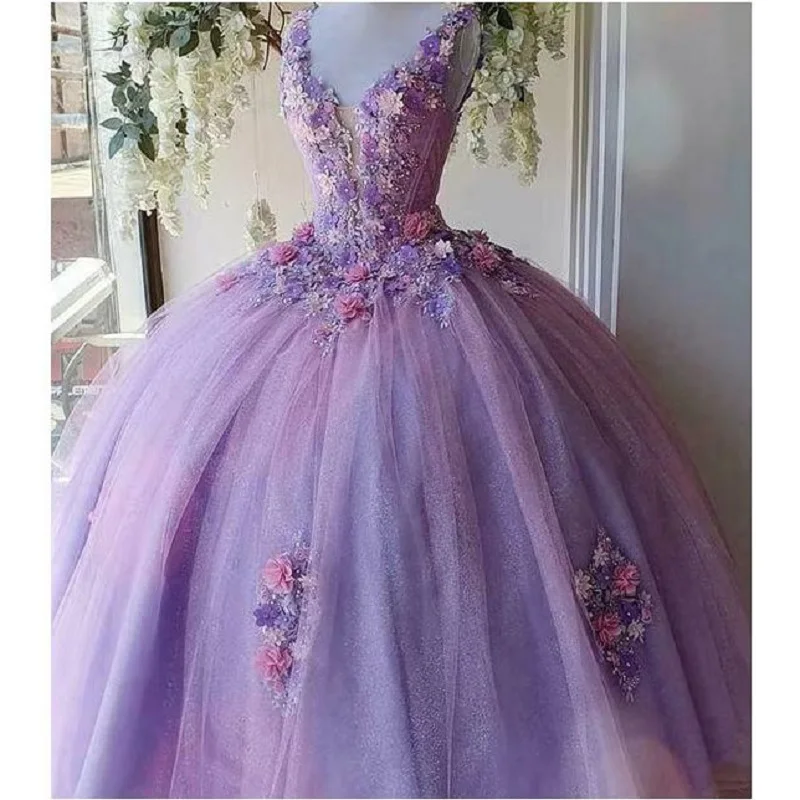 

Роскошное фиолетовое бальное платье для девушек, бальное платье для милой вечеринки с 16 бусинами, блестками и 3D цветами, платья принцессы на день рождения без рукавов