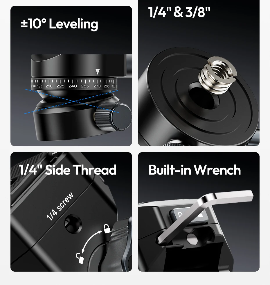 Fluid Tripod Head Quick Release Ball Head Max Load 4KG with 1/4'' 3/8'' Screw Ho