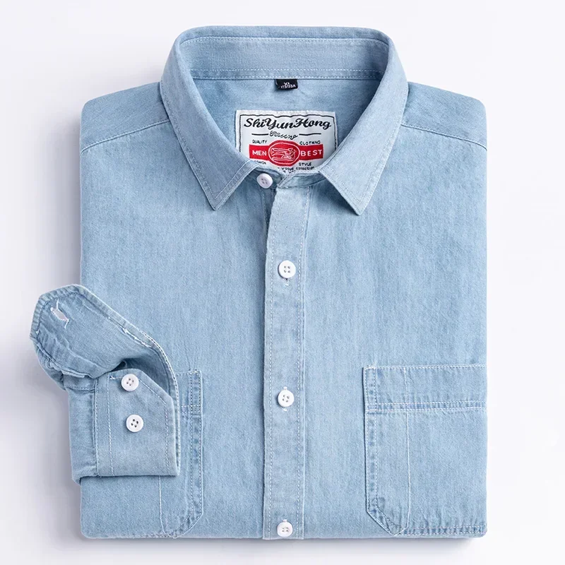 Classic Cotton Long-Sleeve Denim Pocket Design Shirt Fashion Embroider Comfortable Clothes