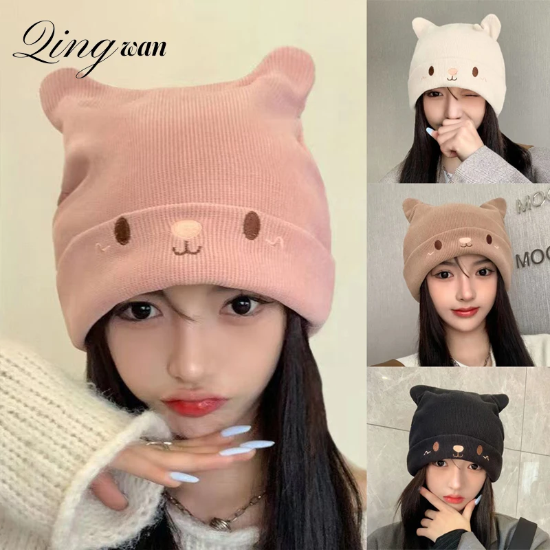 

Knitted Cute Expression Knitted Bean Hat Girl Kpop Kawaii Autumn Winter Insulation Pile Hat Pullover Melon Hat Bonnets