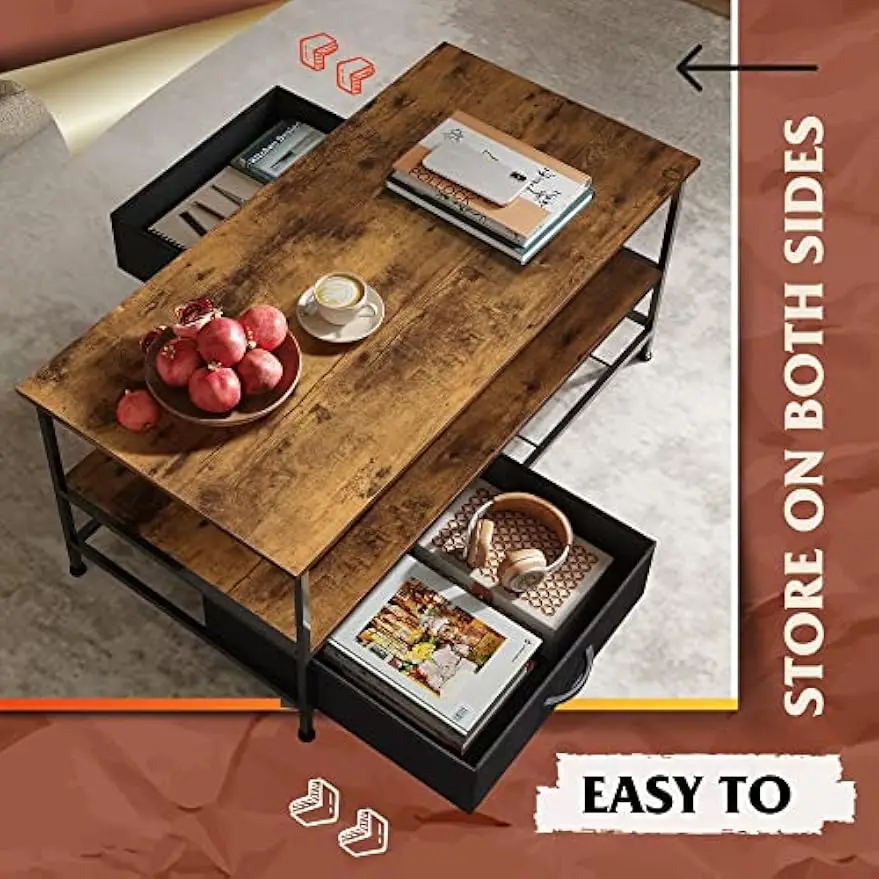 Coffee Table, 39" Coffee Table with Storage & Drawers, 2-Tier Wood Center Table for Living Room, Apartment 3