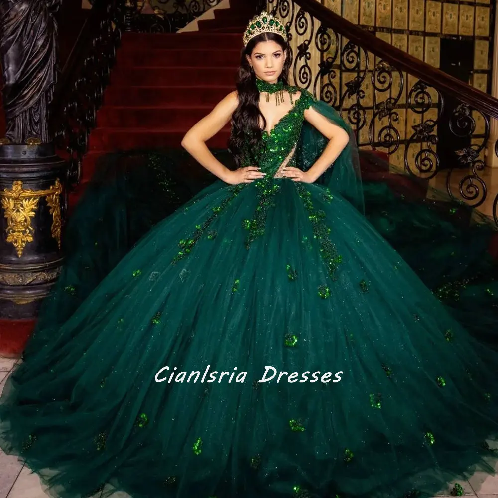 

Emerald Green One Shoulder Ribbons Illusion Quinceanera Dress Ball Gown Crystal Flowers Sequined Beading Vestidos De XV Años