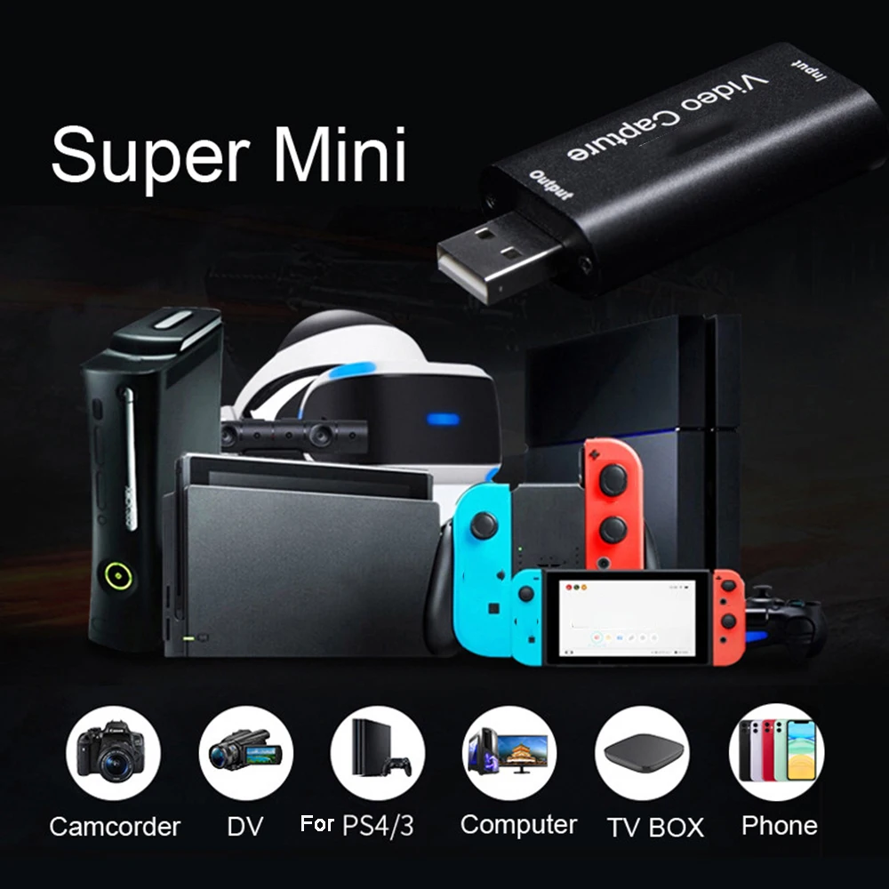 PS4 게임 DVD 캠코더 카메라 녹화 라이브 스트리밍용 비디오 캡처 카드, USB2.0 HDMI 호환 그래버 녹음기, 4K 1080P