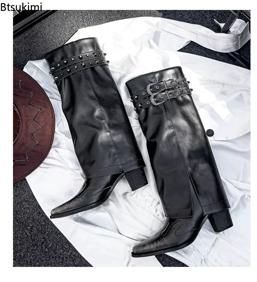 NewWomen's Western Straps Knee High Boots Pointed Toe Chunky High Heel Long Trouser Botas Mujer Gladiator Cowboy Boots for Women