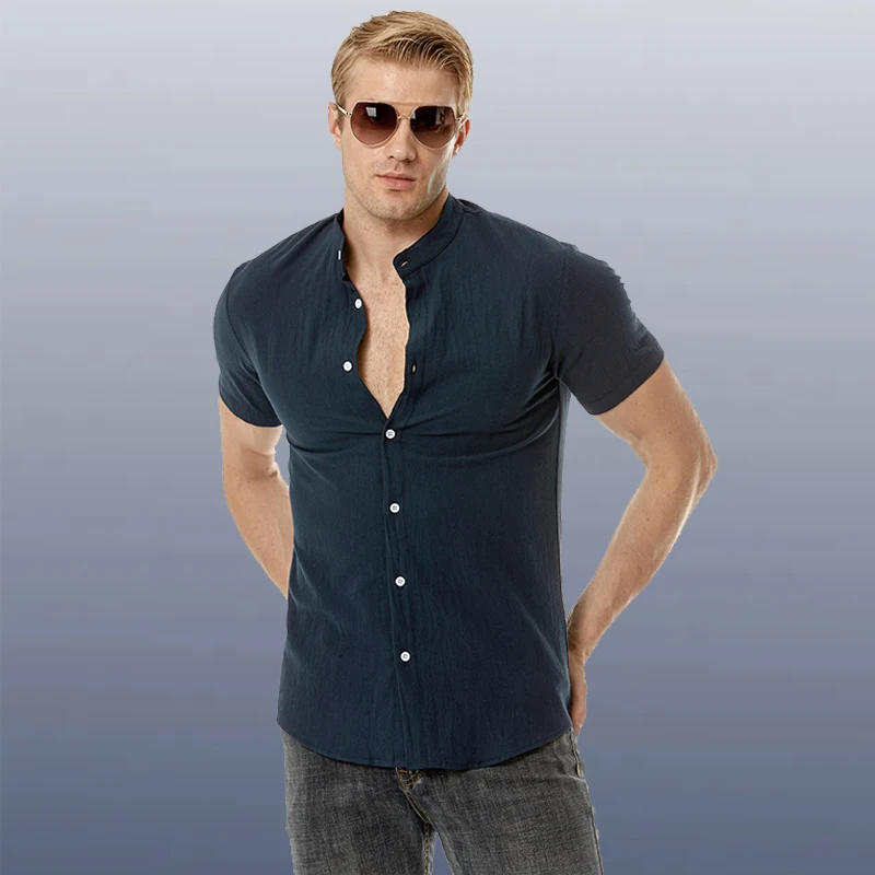 

2023 Summer New Fashion Men's Solid Color Casual Shirt Pure Cotton Linen Men's Outdoor Beach Casual Stand-up Collar Shirt