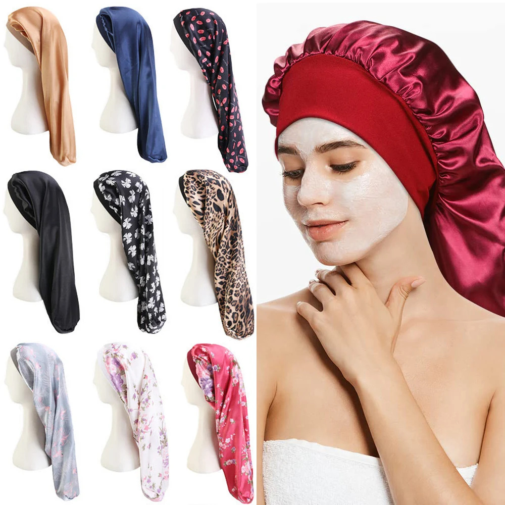 

Сатиновая шапка для сна, двусторонняя Ночная шапка с завитками, эластичная шелковая шапка с широкими краями, женская шапка с длинными волосами и подогревом, аксессуар