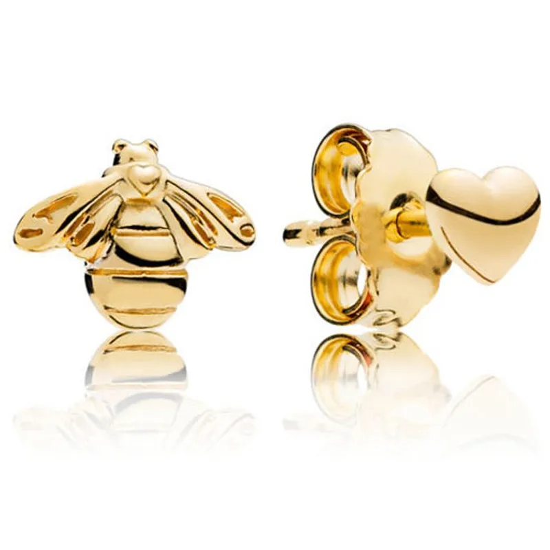 

Original Sparkling Golden Bee And Heart Stud Earrings For Women 925 Sterling Silver Wedding Gift Fashion Jewelry
