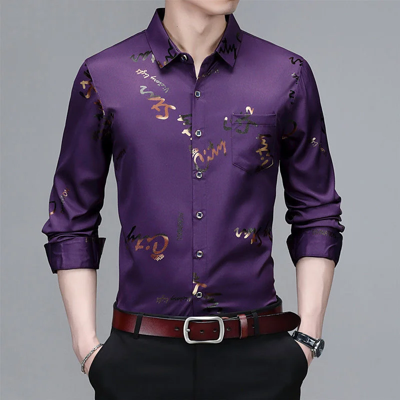 Men's New Spring Autumn Printing Loose Shirt Tops Long Sleeve Polo Neck Plus Size Temperament Blouse Fashion Office Men Clothing