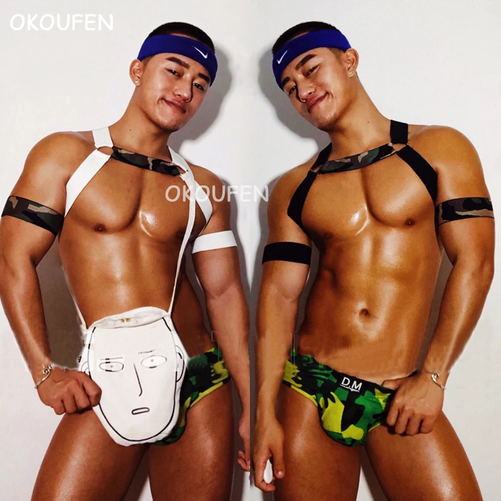 

Ночной клуб DJ Мужская певица ГОГО одежда сценический Спорт сексуальный полой нагрудный ремень Мужская камуфляжная эластичная повязка