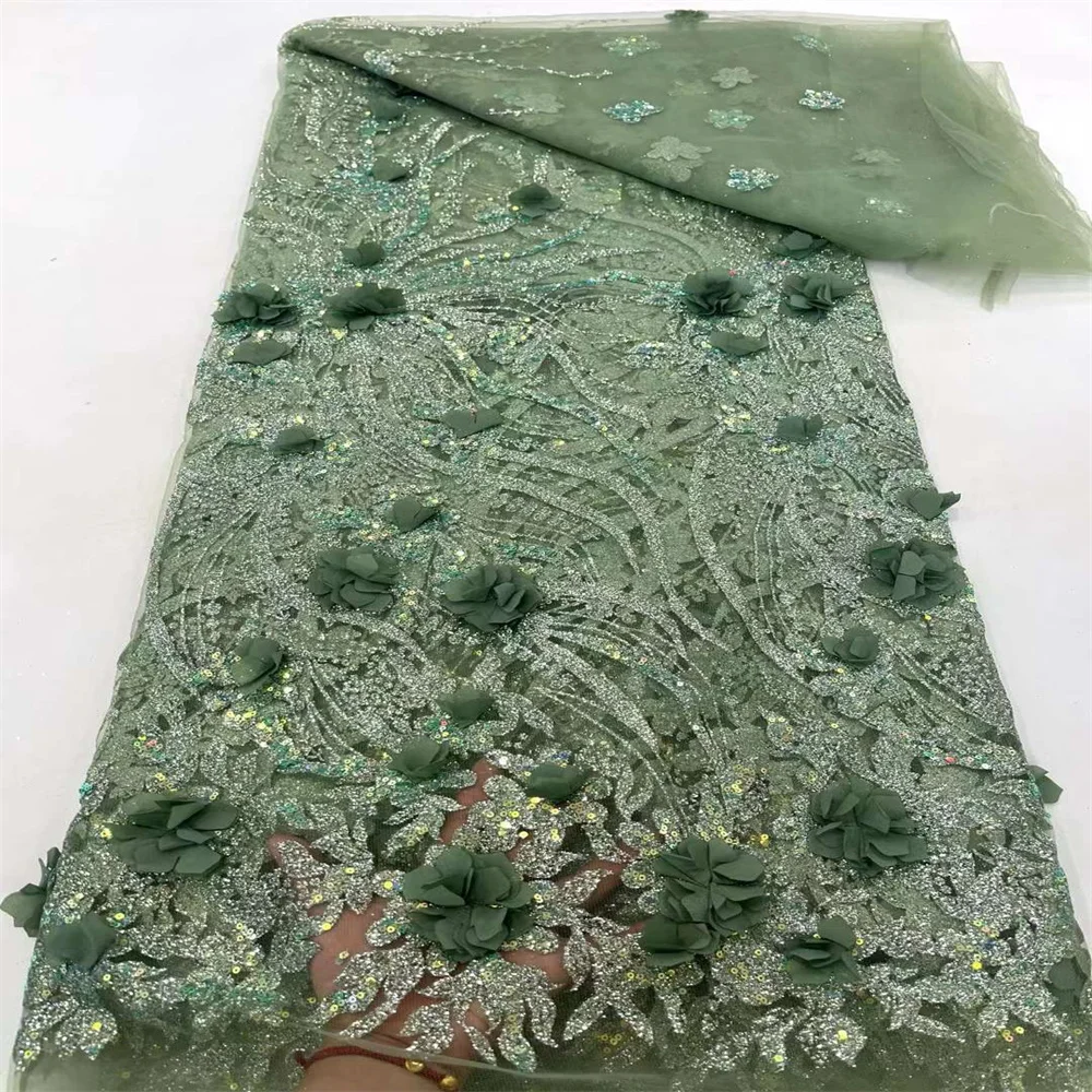 

Африканская кружевная ткань с 3D цветами и блестками, 5 ярдов, 2024, Высококачественная французская нигерийская Тюлевая ткань с вышивкой для свадебного платья, шитье