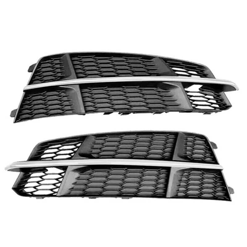 

1Pair Car Front Bumper Fog Light Grille Fog Lamp Grill Cover with Chrome Strip for-Audi A6 C7 S-Line S6 2015-2018