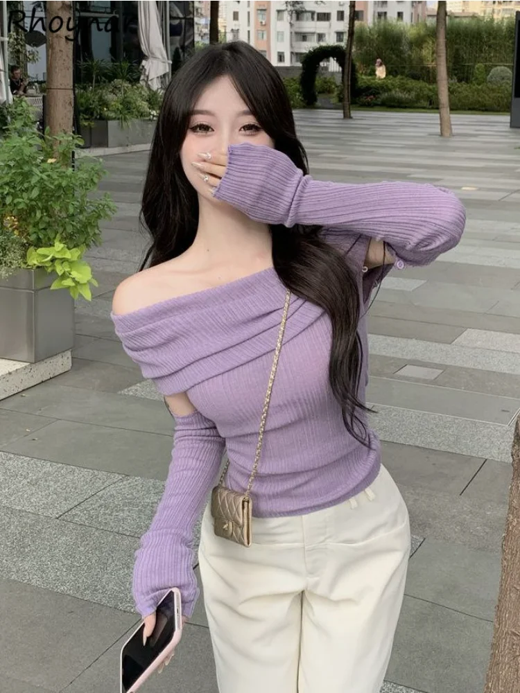 

Slash Neck Sexy Pullovers Women Sweet Cozy Popular Slim Retro Streetwear Holiday All-match Solid Inside Stylish Sweater Ulzzang