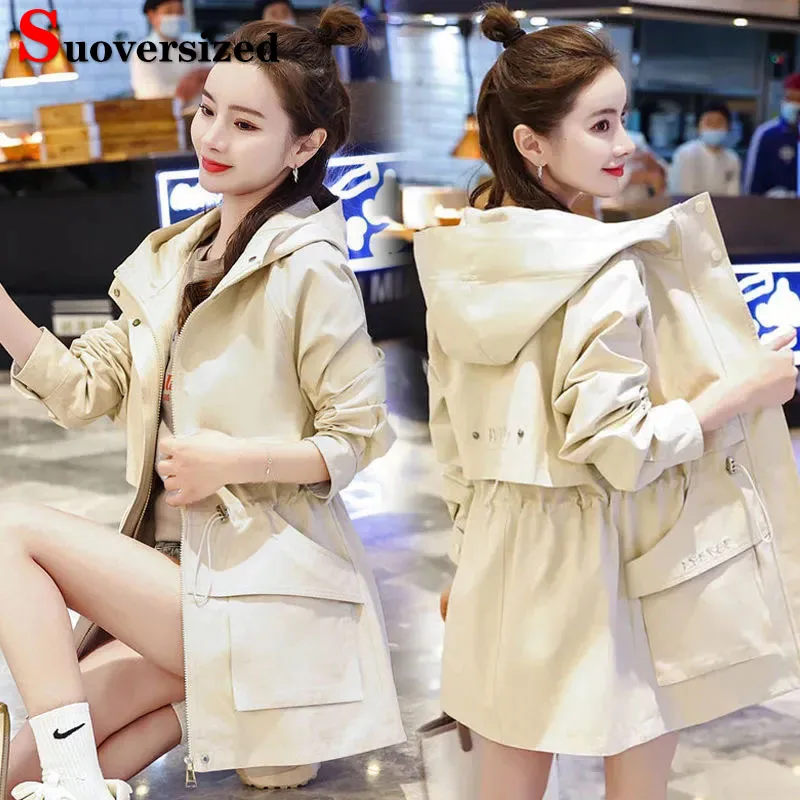 

Тренчкот женский средней длины с капюшоном и кулиской, модная повседневная элегантная ветровка в Корейском стиле, на весну