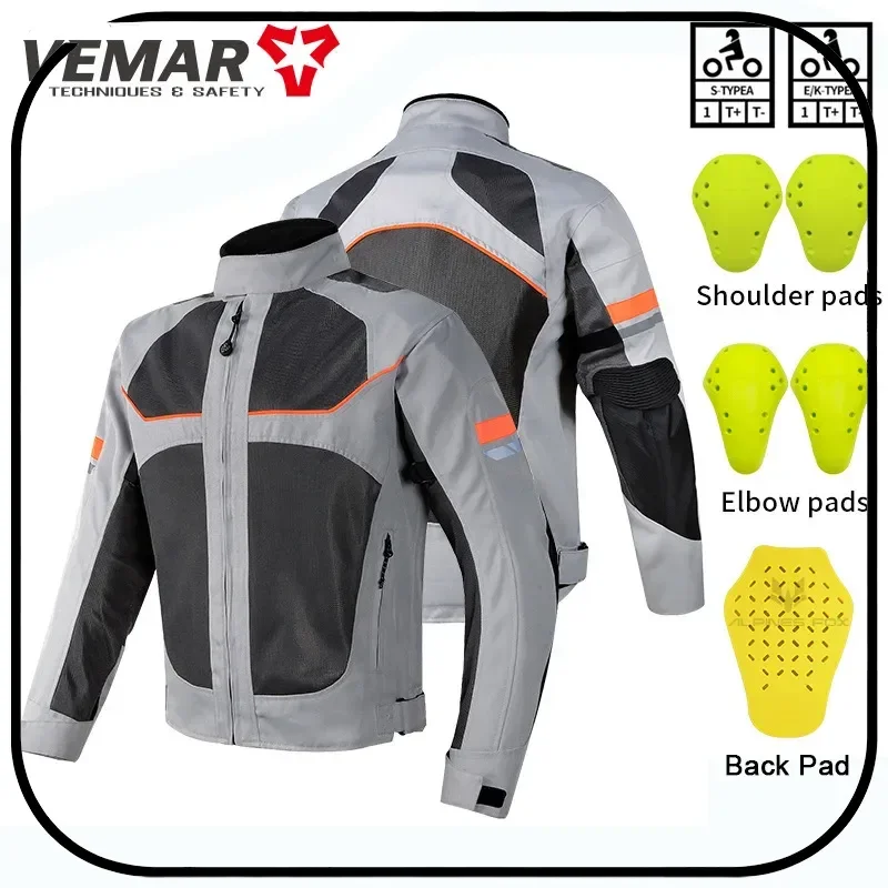 VEMAR 남성용 여름 오토바이 재킷 메쉬 통기성 스탠드 칼라 야간 반사 충격..