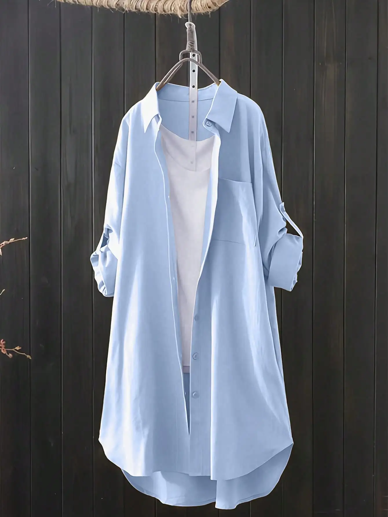 Plus Size 1XL-5XL Women’s Casual Solid Color Button Up Blouse Ladies Fashion Roll Up Sleeves Turndown Collar Shirt Best Sellers In Plus Sized Clothing